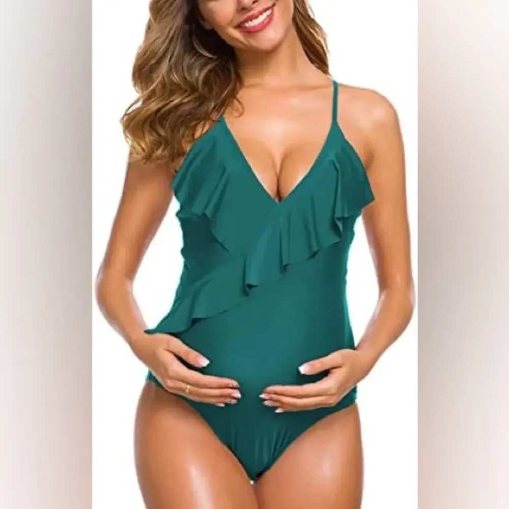 Maternity Swimsuit Women's Size 2XL One Piece Ruffle Swim Deep V Neck in Green